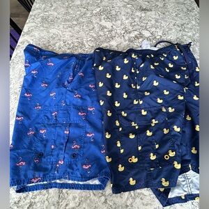 2 pairs XL canyon creek swim trunks, flamingos and rubber duckies